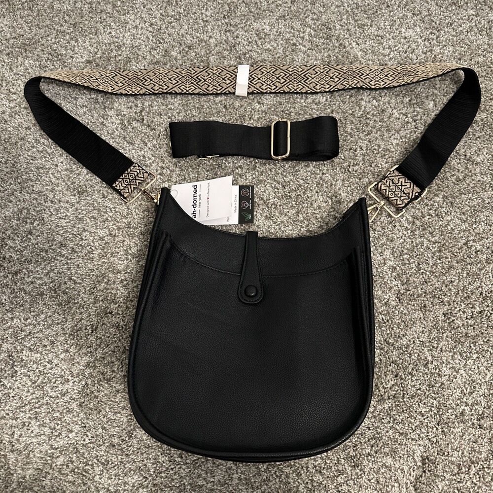ahdorned Messenger Vegan Leather Crossbody Bag Black Guitar Strap + Extra NWT